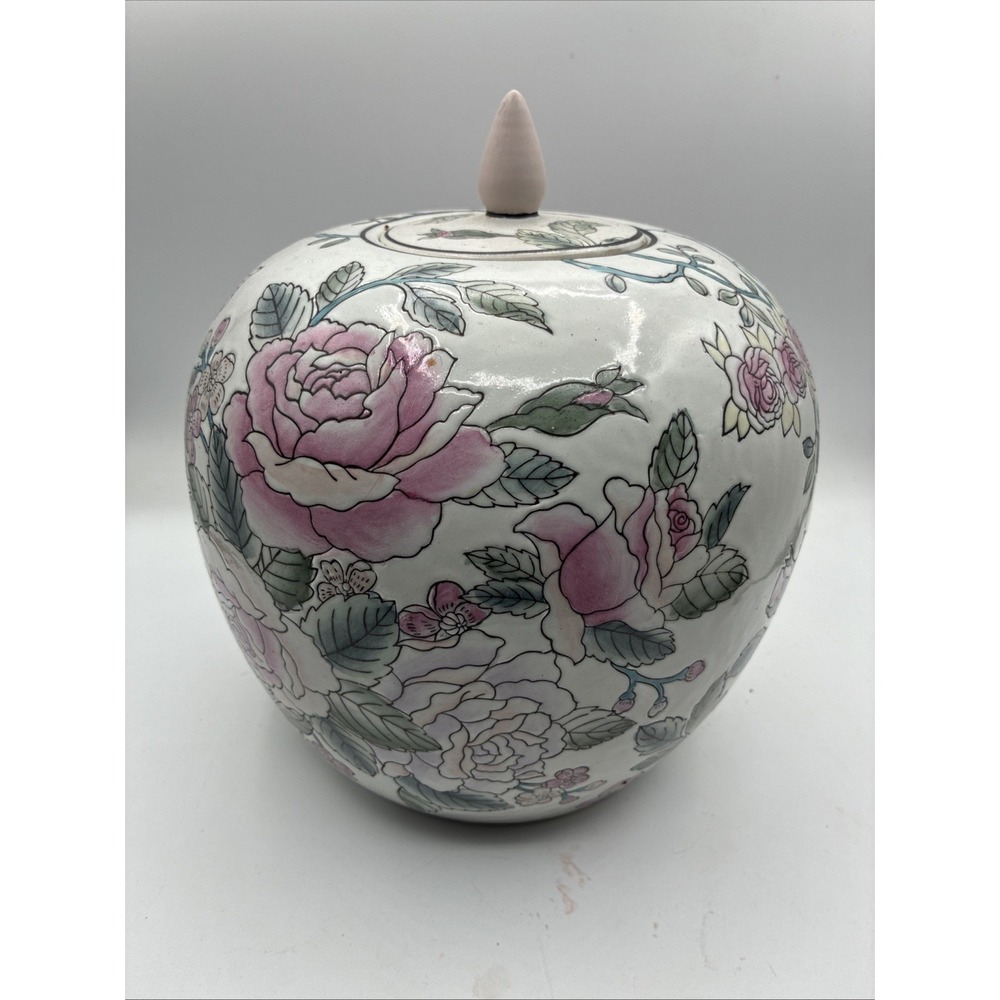 Asian Ginger Jar With Pink & Green Floral Design 10"